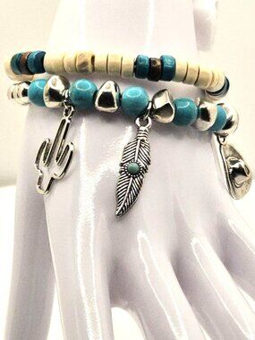 Boho-Style Stretch Bracelet Set With Cactus & Feather Charms Turquoise And Beige